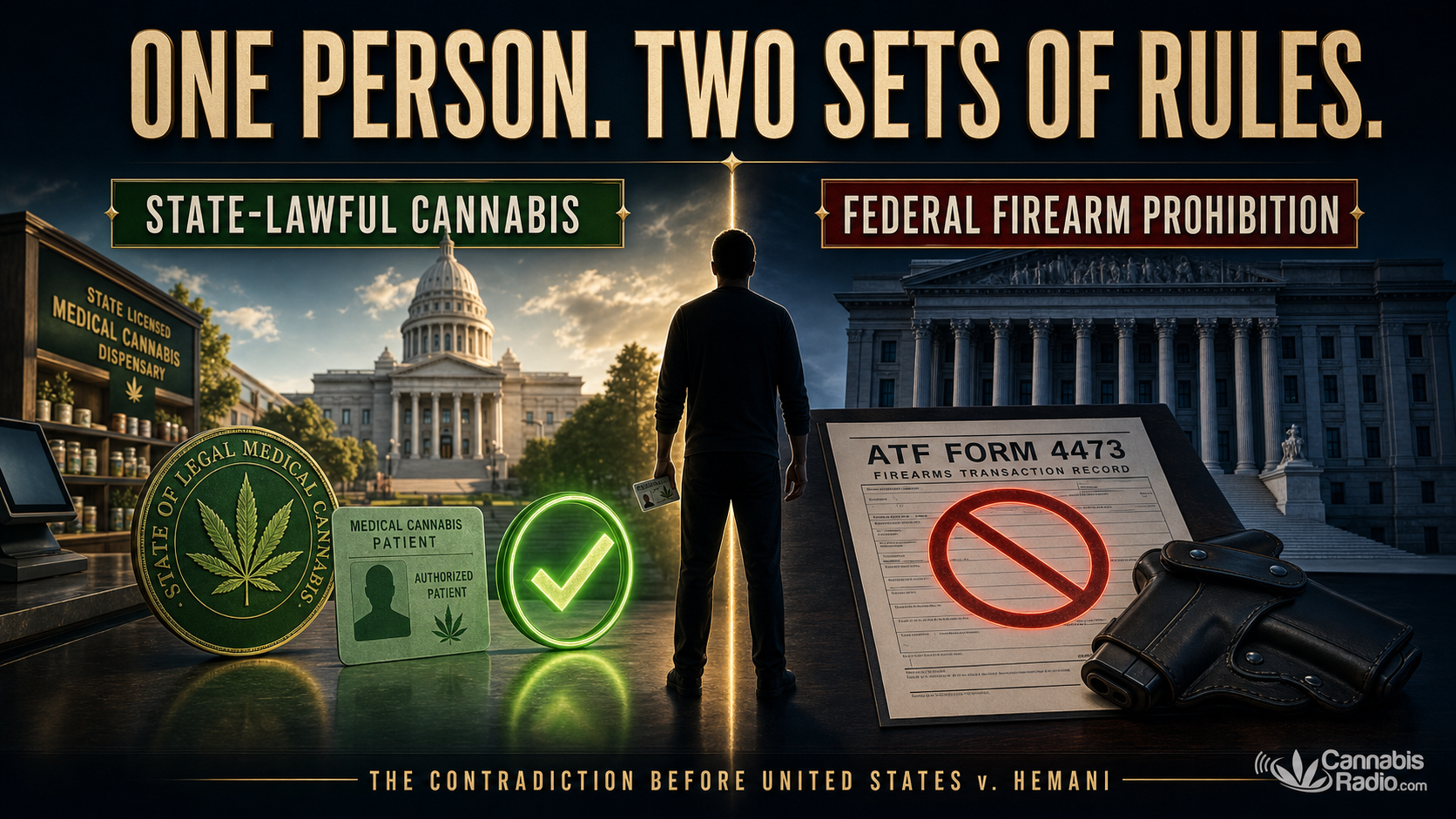 Silhouette between dispensary and courthouse, cannabis and gun symbols.